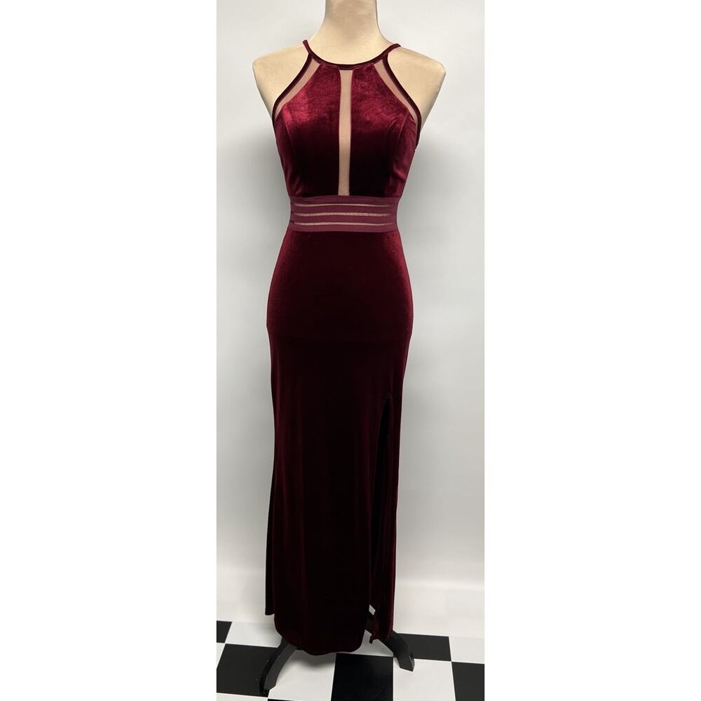 VTG Velvet Dress Y2K Empire Waist Sz 3 Halter Maxi Side Slit Maroon Holiday